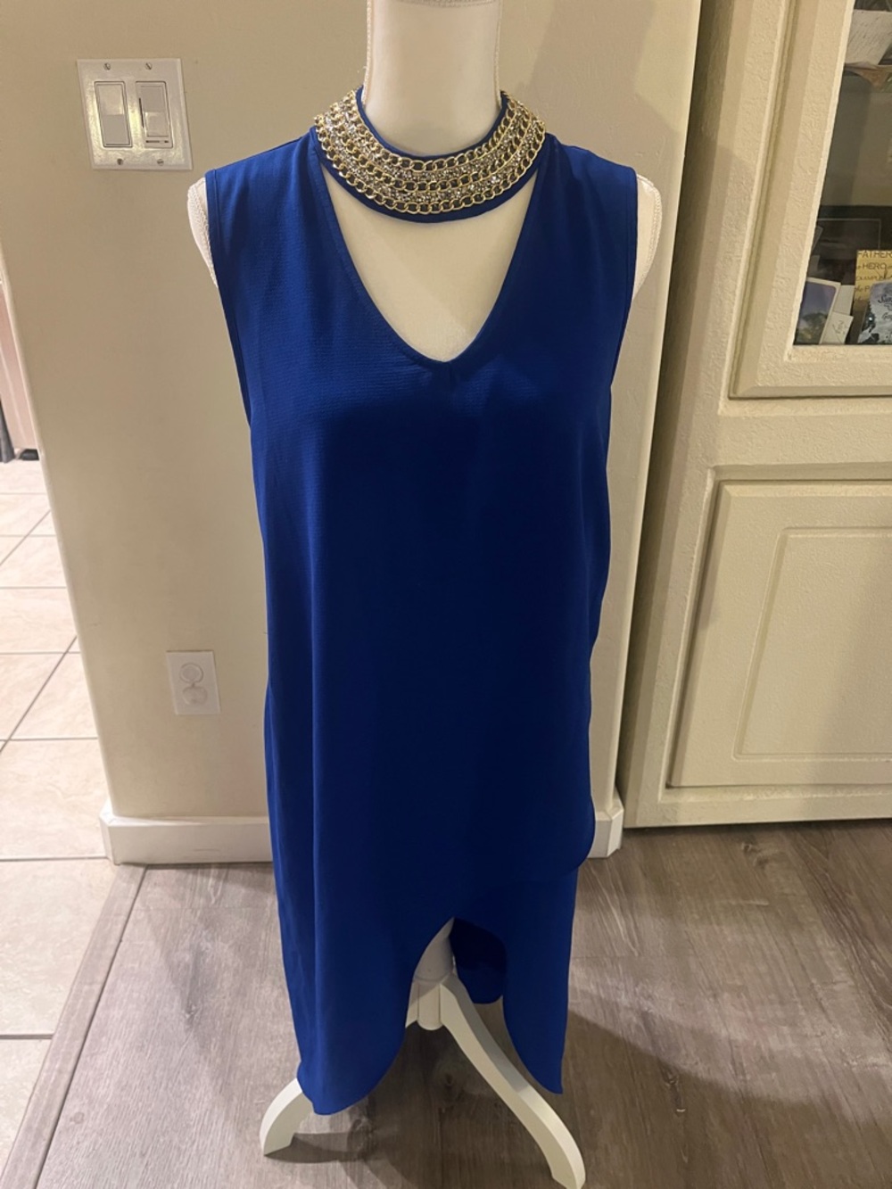 Elegant Royal Blue Sleeveless V-Neck Dress with Embellished Collar by Paradiso